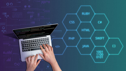 Programming languages code with person and laptop