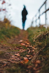 silhouette of a young woman walking along a path