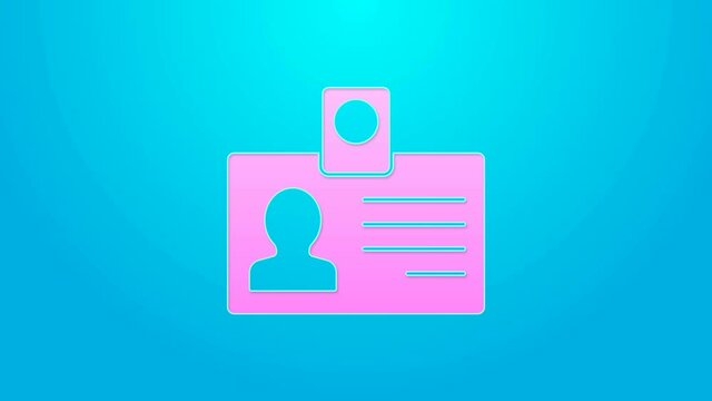 Pink line Identification badge icon isolated on blue background. It can be used for presentation, identity of the company, advertising. 4K Video motion graphic animation