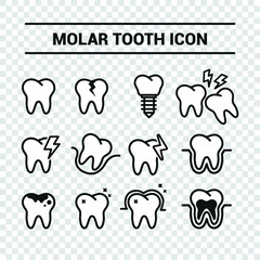 Vector image. Collection of grinding wheels icons. Image of cavities, molar implant and toothache.