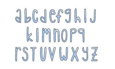 Doodle hand drawn alphabet design. Blue winter font. Cartoon alphabet