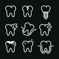 Vector image. Collection of grinding wheels icons. Image of cavities, molar implant and toothache.