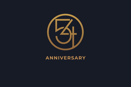 Number 54, logo, gold line circle with number inside, usable for anniversary and invitation, golden number design template, vector illustration