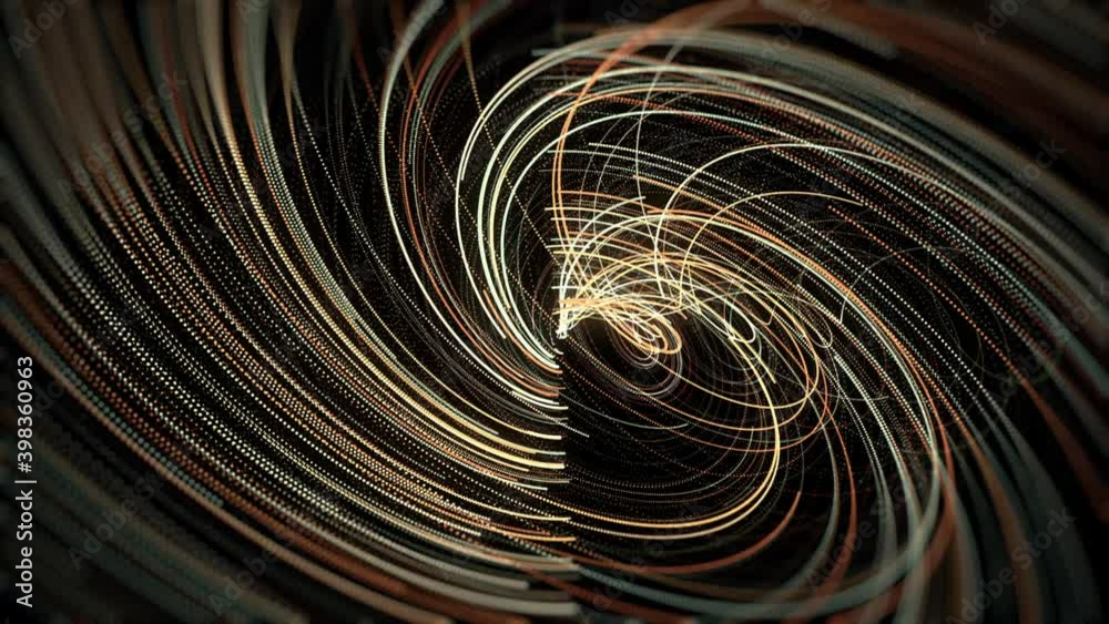 Wall mural abstract energy tunnel in outer space. animation. flowing vortex energy of many golden bended lines 