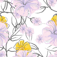 Pink Flowers Blooming Pattern. Pastel Watercolor.