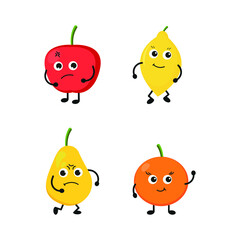 Cartoon funny fruits characters and fruits face isolated on white background vector illustration. Funny fruit face and cartoon fruit characters icon vector set. Cartoon characters. Cartoon face food.