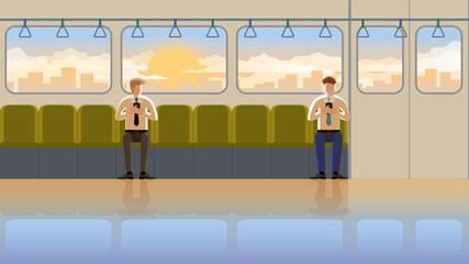 Love at first sight concept of LGBT between males in train public transportation at the early morning sunrise. Daily routine city lifestyle of employee people in town. The orange light romantic scene.