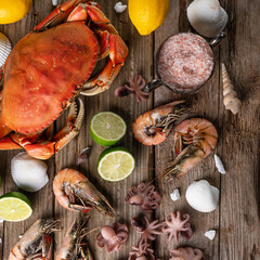 View from above of assorted seafood served with lime, sea salts and seashells on wooden background. Delicious meal. Food banner. Islands cuisine.