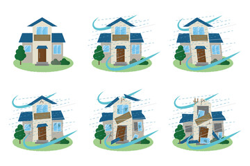 台風の被害に遭う住宅のベクターイラストセット