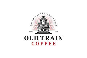 Old train logo vintage, coffee cafe identity, coffee seed, old train vehicle.