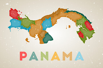 Panama map. Country poster with colored regions. Old grunge texture. Vector illustration of Panama with country name.