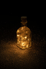 Christmas lights locked inside a bottle as a metaphor for the Christmas lockdown for the Covid-19 pandemic