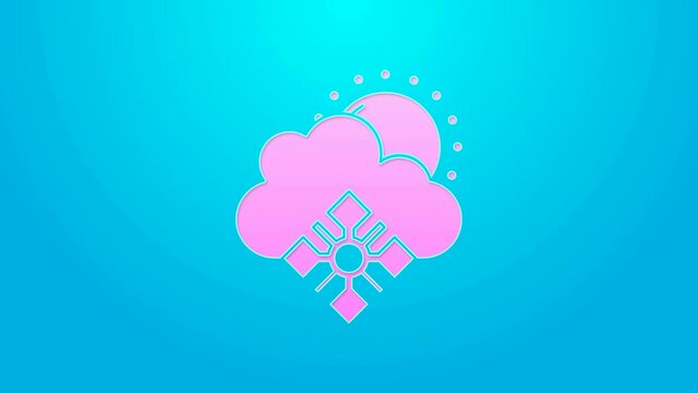 Pink line Cloud with snow and sun icon isolated on blue background. Cloud with snowflakes. Single weather icon. Snowing sign. 4K Video motion graphic animation