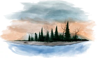 Papier Peint photo Lavable Forêt dans le brouillard Landscape. Digital watercolor (aquarelle) 
