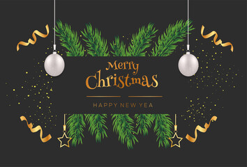 Merry Christmas and Happy New Year wishes with confetti and Christmas balls