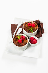 Mug Chocolate Cake. Instant Chocolate Cake in Portion Bowl. Selective focus.