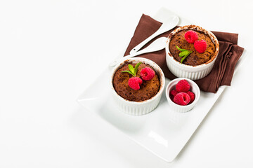 Mug Chocolate Cake. Instant Chocolate Cake in Portion Bowl. Selective focus.