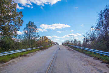 Fototapeta premium Long overgrown road in the country leading to a bridge with clouds and blue skies