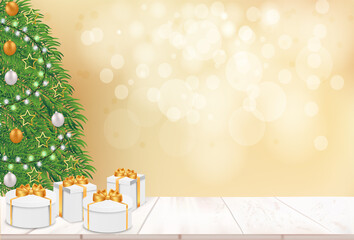 festive christmas background with christmas tree and christmas gift box on the table
