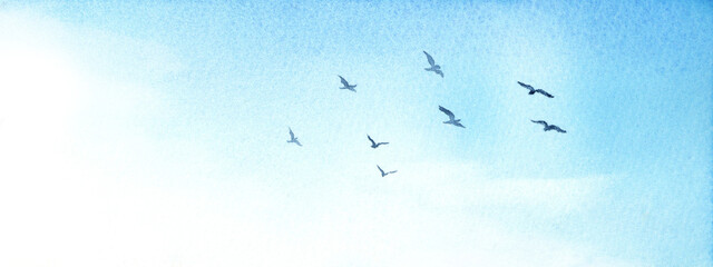 空を飛ぶ鳥　水彩画