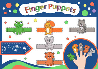 Finger puppets. Paper animals doll. Cut and glue the toys. Worksheet with children art game. Kids crafts activity page. Gaming puzzle. Birthday decor. Vector illustration.