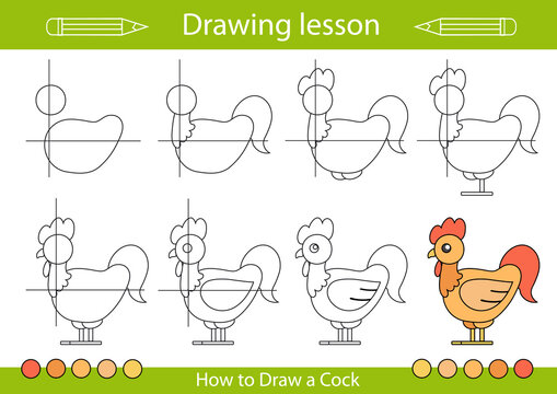 Drawing tutorial a cock. Step by step drawing lesson for children. Actives worksheets with cartoon animals. Kids funny activity art page. Vector illustration.