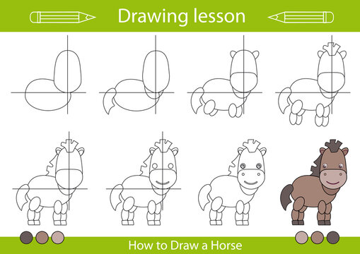 Drawing tutorial a horse. Drawing lesson for children. Actives worksheets with cartoon animals. Kids funny activity art page. Vector illustration.