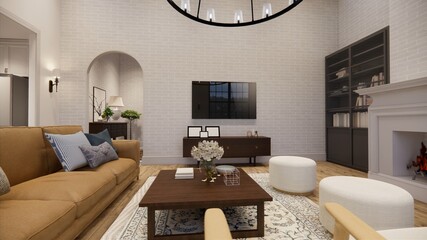 3d Animation rendering. Interior house modern open living space with kitchen.Loft style Duplex apartment residence.Home decoration luxury  interior design.