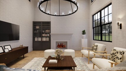 3d rendering. Interior house modern open living space with kitchen.Loft style Duplex apartment residence.Home decoration luxury  interior design.