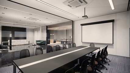 Interior Empty Modern Loft Office open space modern office footage.Modern open concept Lobby and reception area meeting room design.4k .Rendering 3d.