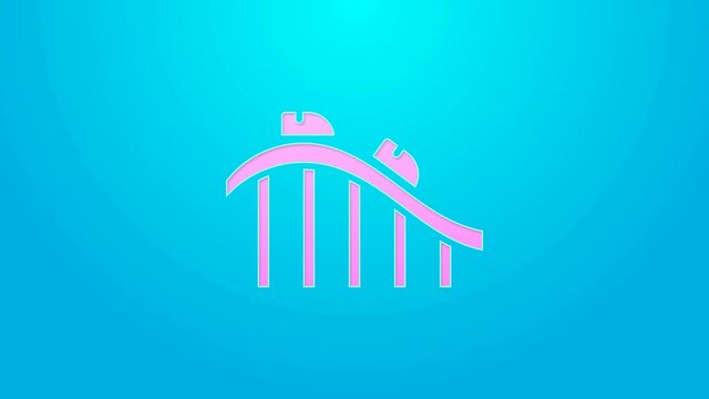 Pink line Roller coaster icon isolated on blue background. Amusement park. Childrens entertainment playground, recreation park. 4K Video motion graphic animation