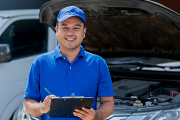 A young Asian auto mechanic opens the bonnet. To check for engine damage And perform professional maintenance. He wearing blue uniform.