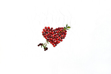 Heart of berries cranberries pierced with an arrow of cupid from a sprig of lingonberry. On a white background.