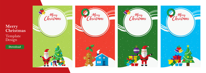 Vector Christmas illustration, santa, christmas and holiday background. Design of bell, stocking, christmas tree, reindeer, present, Santa Claus, snowman. Christmas celebration and decoration.