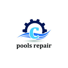 Initial c letter for swimming pools and aquatic venue repairing, setting and service company logo template