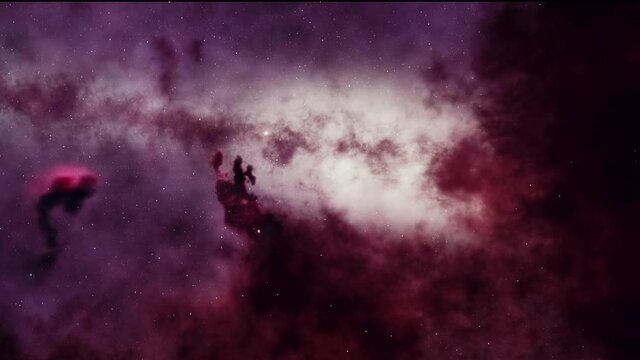 Exploration of galaxies through outer space towards a bright milky-way galaxy. 4K looping animation of flying through bright nebulae, clouds, and star fields. 