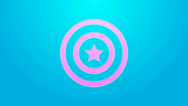 Pink line American star shield icon isolated on blue background. United States of America country flag. 4th of July. USA Independence day. 4K Video motion graphic animation
