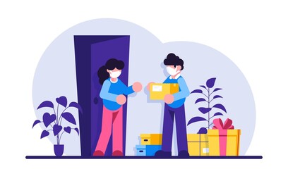 Courier hands over the parcel to the client. Express delivery of packages, goods to the home. Parcels delivery service. Vector illustration, flat design cartoon style. Online delivery