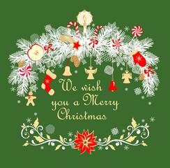 Christmas greeting craft card with paper cutting conifer branches garland with hanging gold angels, jingle bell, sock, gingerbread and poinsettia, apple, candle