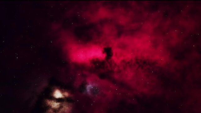 Exploration of galaxies through outer space towards a bright milky-way galaxy. 4K looping animation of flying through bright nebulae, clouds, and star fields. 