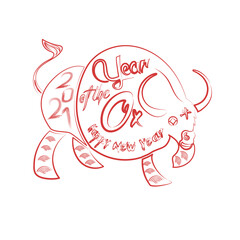 Chinese Zodiac Sign Year of Ox,Red paper cut ox. Happy Chinese New Year 2021 year of the ox (Chinese translation Happy Chinese New Year, Year of Ox)