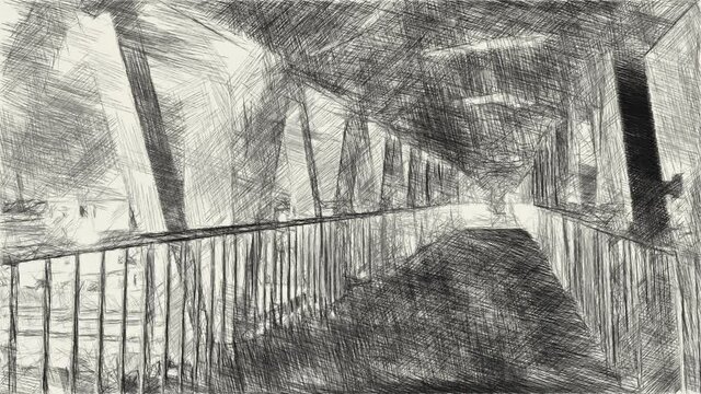 art drawing black and white of way in building