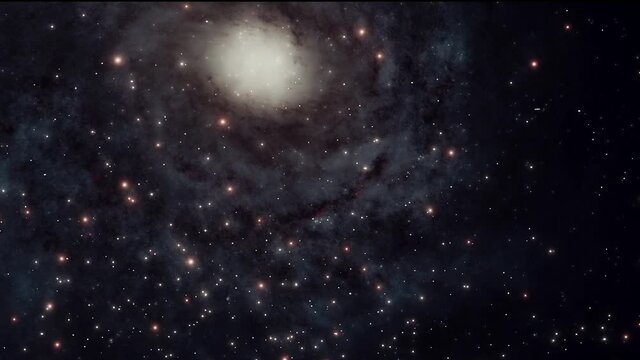Exploration of galaxies through outer space towards a bright milky-way galaxy. 4K looping animation of flying through bright nebulae, clouds, and star fields. 