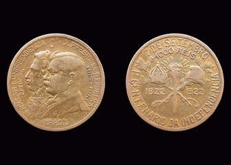 1000 réis coin from the year 1922 of Brazil República. Centenary of Independence. Coin House from Rio de Janeiro