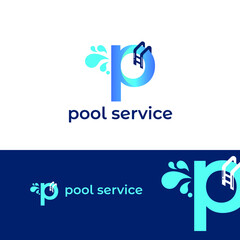 Initial p letter for swimming pools and aquatic venue repairing, setting and service company logo template