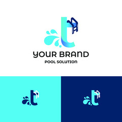 Initial t letter for swimming pools and aquatic venue repairing, setting and service company logo template