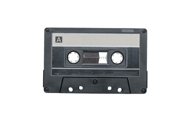 Black cassette with magnetic tape isolated on a white background.