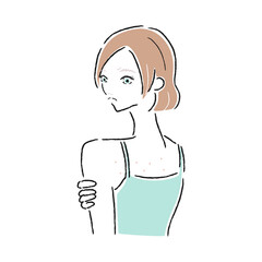 肌トラブルを抱えた若い女性のイラスト。背中にできた湿疹。