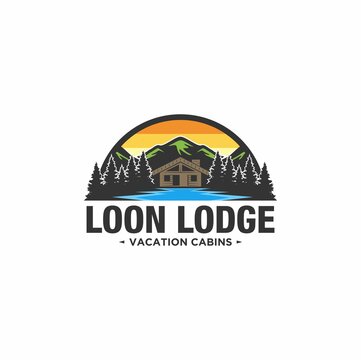 Cabin Logo Template With Mountain And Lake View In Forest