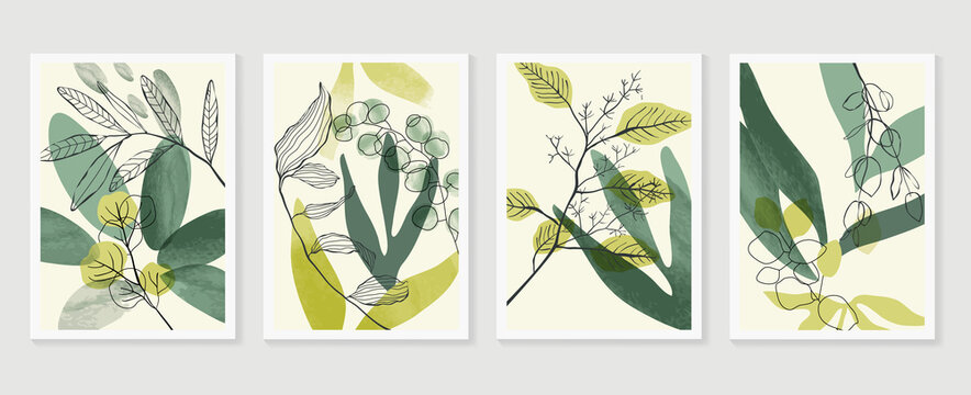 Botanical wall art vector set. Water color boho foliage line art drawing with  abstract shape.  Abstract Plant Art design for print, cover, wallpaper, Minimal and  natural wall art.